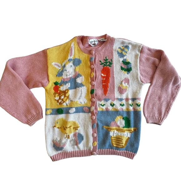 Alexandra Bartlett Sweaters - Alexandra Bartlett size LARGE Easter Sweater cardigan Pink bunny eggs Vintage